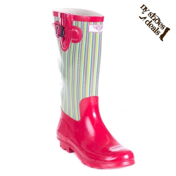 Women Red Retro Design Rubber Rain Boots - Picture 1 of 3